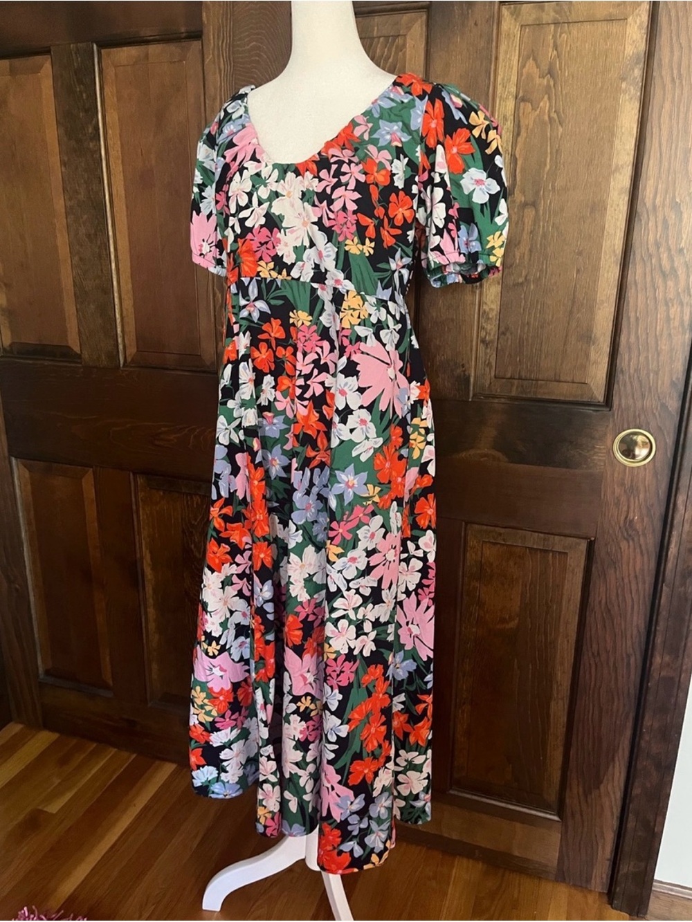 Old Navy Black Floral Midi Dress with Pink, Red, White and Green Flowers